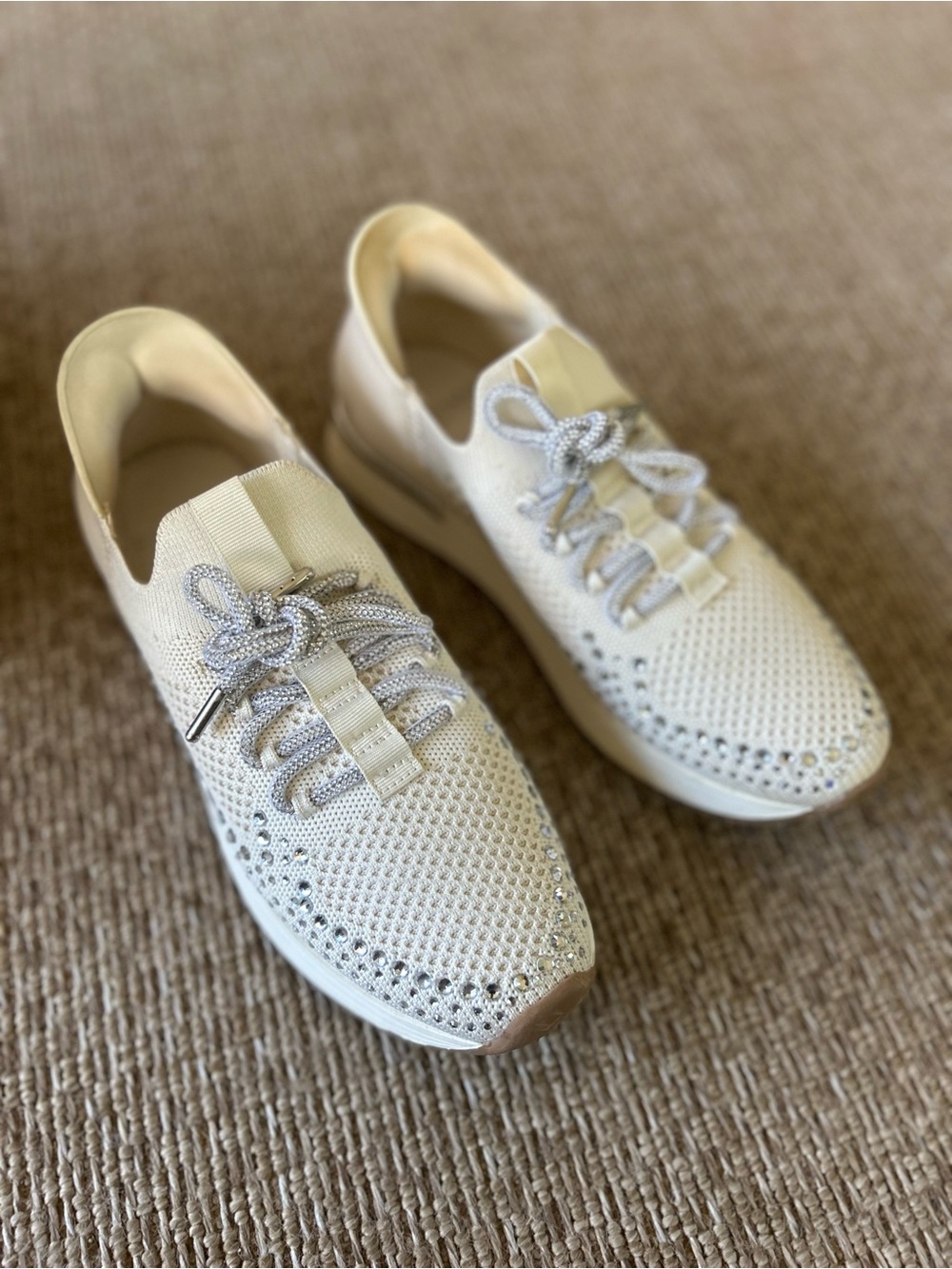 Kenneth Cole Reaction Ivory Knit Slip-On Sneakers with Rhinestone Trim